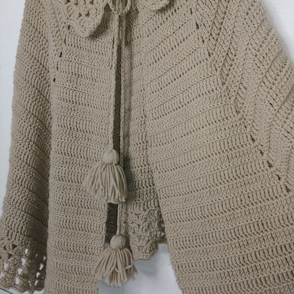 Handmade Crocheted Womens OSFA Sweater Shawl Collared Beige Pom Pom Cottagecore - Picture 3 of 9